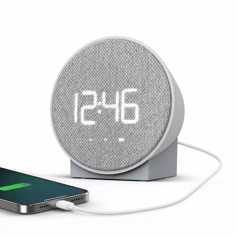 Round Fabric Surface Dual Alarm LED Alarm Clock with USB Charging Port